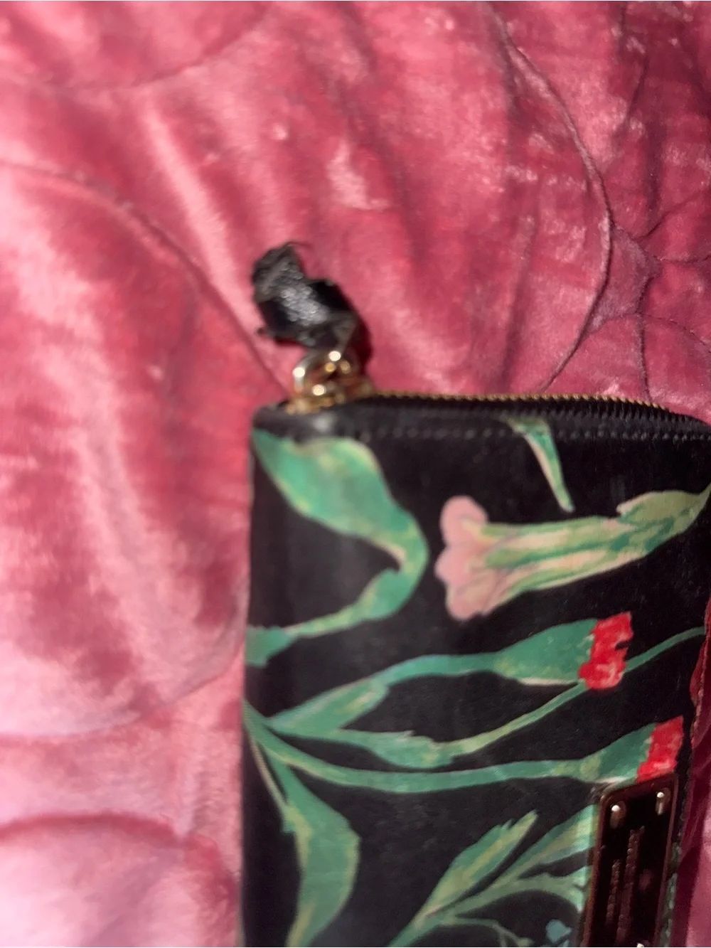 kate spade Black Floral Hummingbird Zip Wallet with Green and Pink Accents